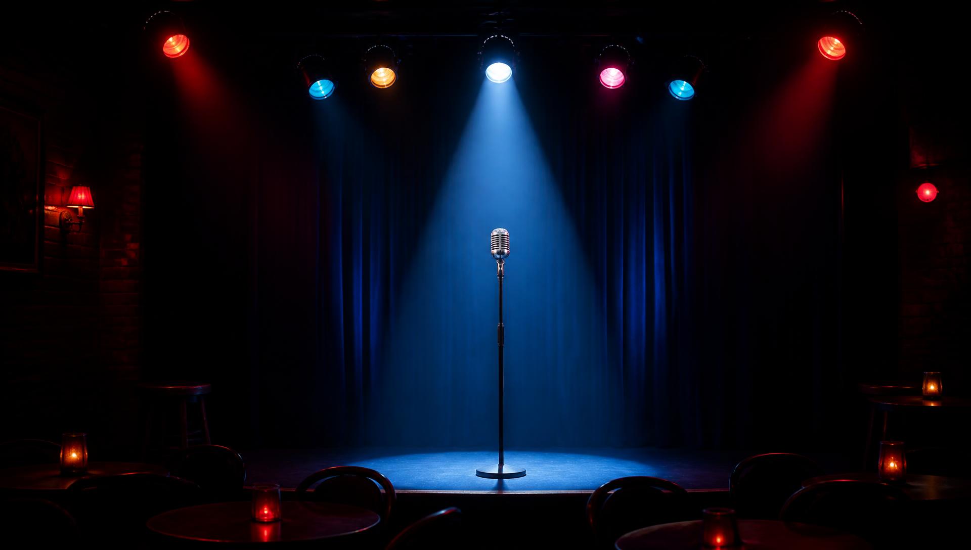 Scène de comedy club éclairée par des projecteurs colorés
